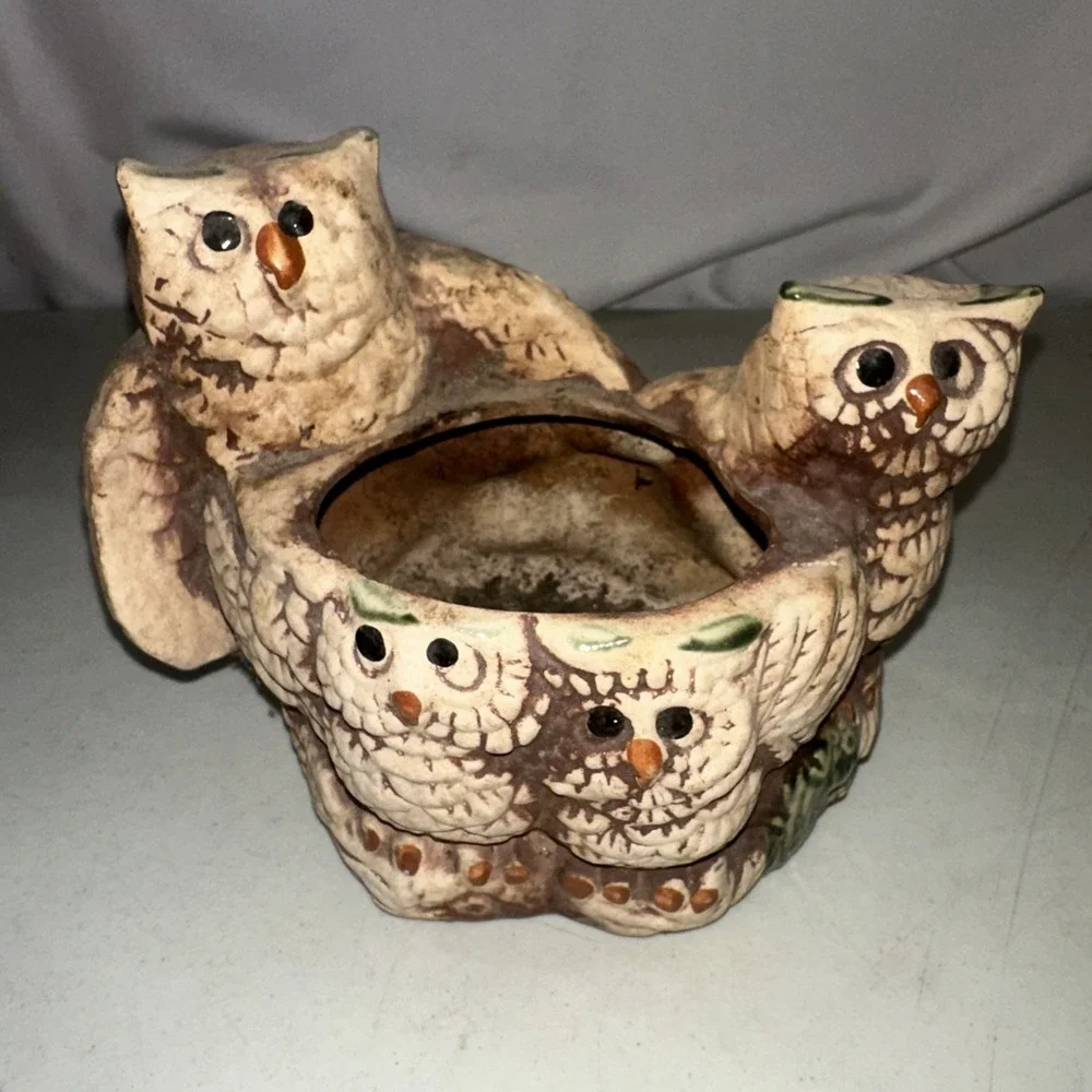 Vintage 70s Ceramic Owl Family Planter Mat Bisque Boho Decor